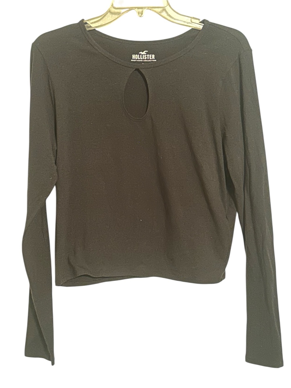 Hollister Shirt Black Stretch Cropped Long Sleeve Keyhole Stretch Top Size XL
